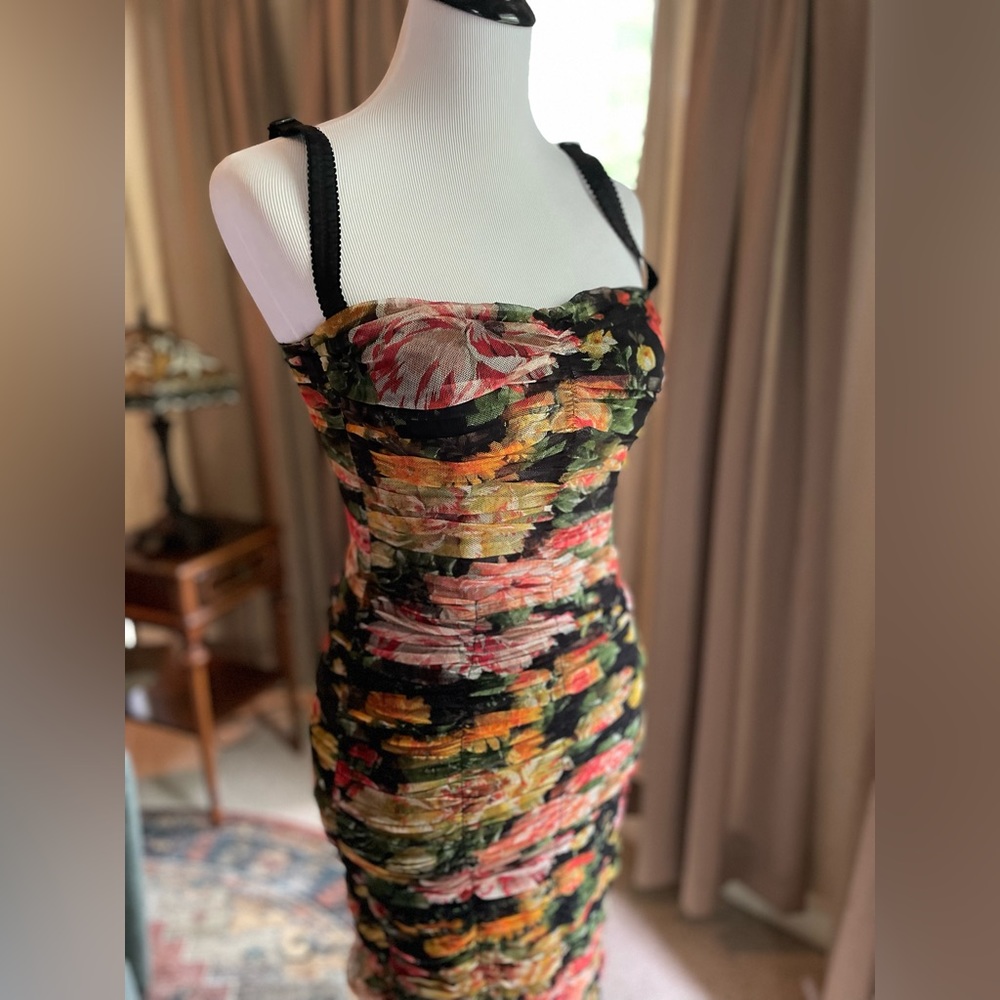Dolce Gabbana Floral Ruched Meshed Dress - Women’s Size 38 - Cotton + Silk RARE